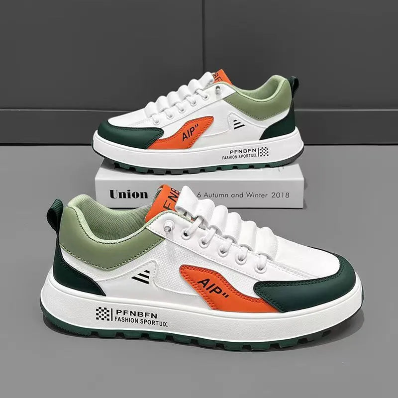 Men's white and orange breathable casual sports shoes with a round toe and artificial PU upper.