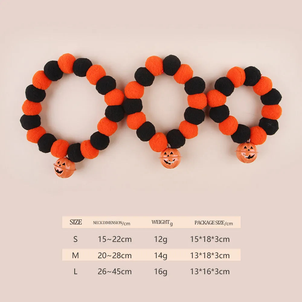 Black and orange Halloween cat collar with a trick or treat pumpkin graphic, shown in small, medium, and large sizes.
