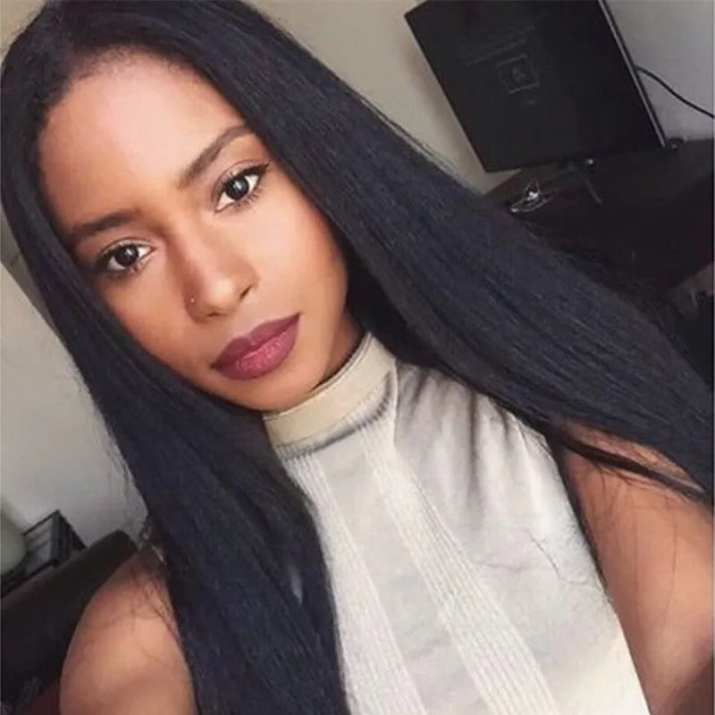 Synthetic long straight black wig with centre part and bangs for women