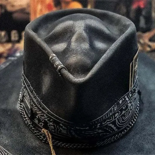 Handmade wool felt skull hat with conical crown and denim-style pattern