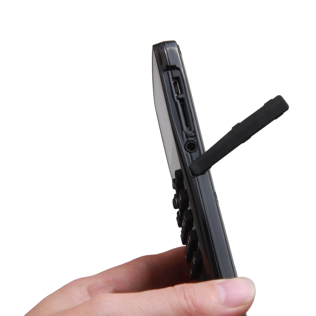 Black multifunctional e-book reader with 2.8cm screen showing multilingual interface and attached carrying strap