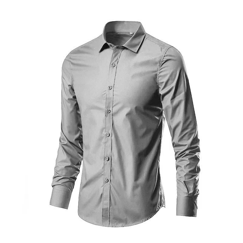 Men's loose fit long-sleeve linen shirt shown in multiple colours including black, white, and navy blue.