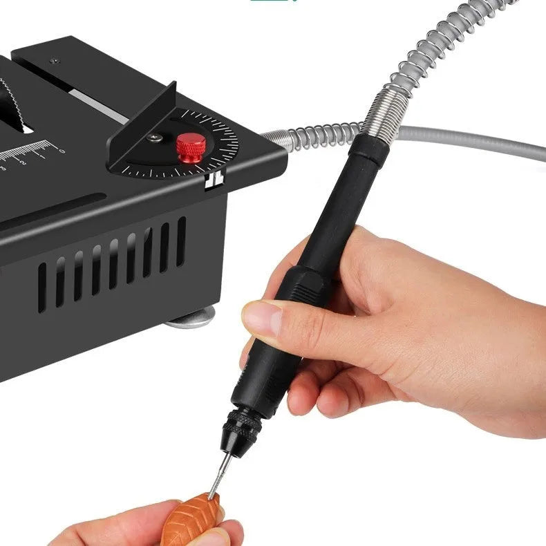 Lithium ion battery-powered metal desktop angle grinder saw on a workbench.
