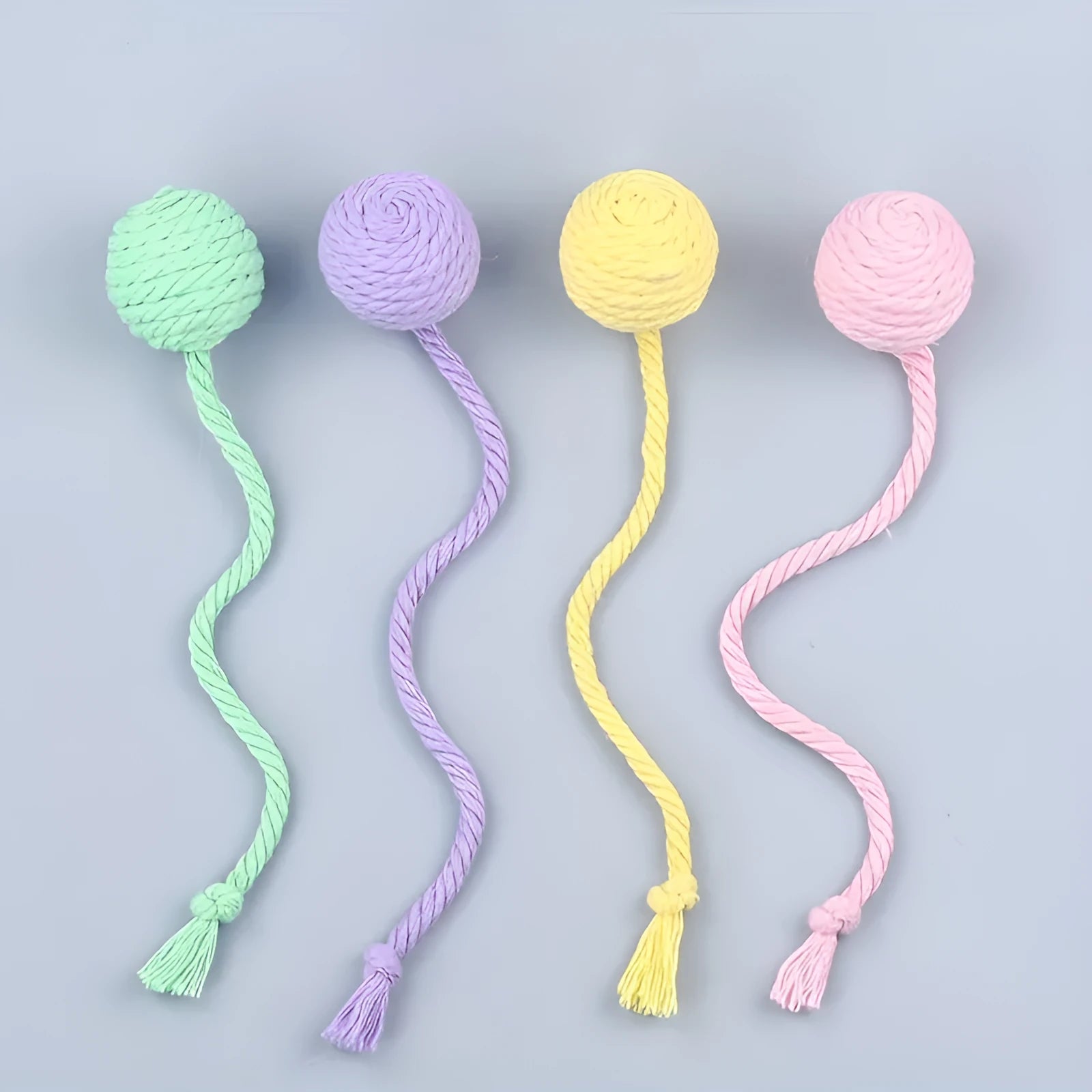 Colourful cat toy ball with rope handle and internal bell in 6cm or 3cm sizes