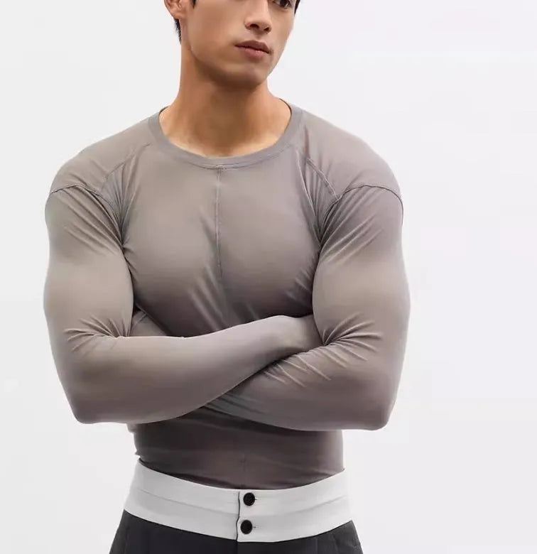 Black slim-fit mesh pullover with long sleeves and a round collar.
