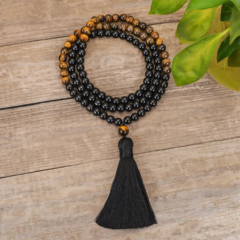 Tiger eye stone tassel pendant on ball bead chain necklace with 81cm length