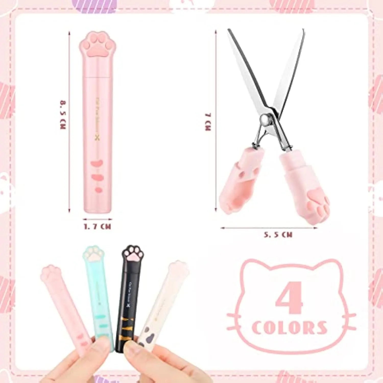 Cat paw mini folding scissors showing stainless steel construction and compact 8.7 cm size