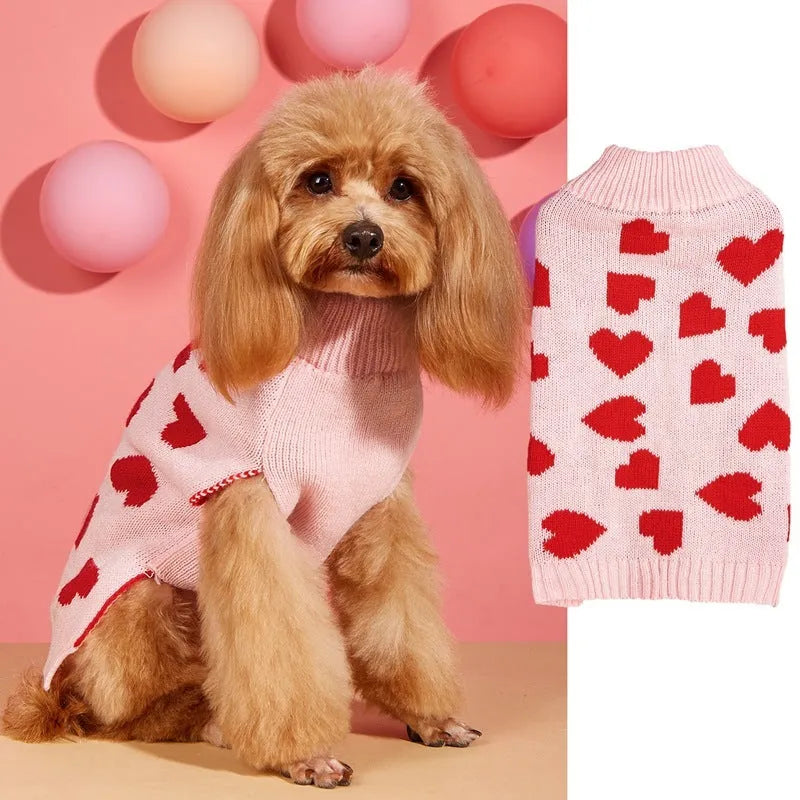 Red and pink dog sweater with love heart and bow design on a small dog.