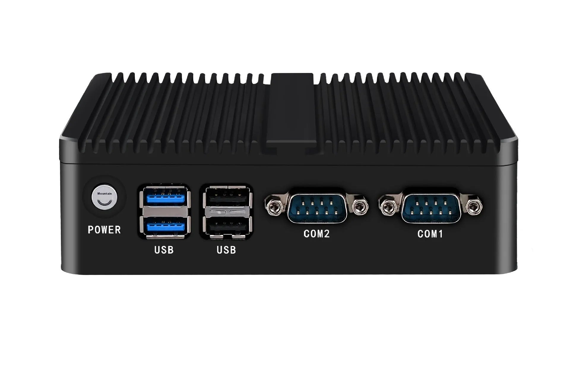 Industrial fanless mini PC with dual Ethernet ports and compact metal chassis