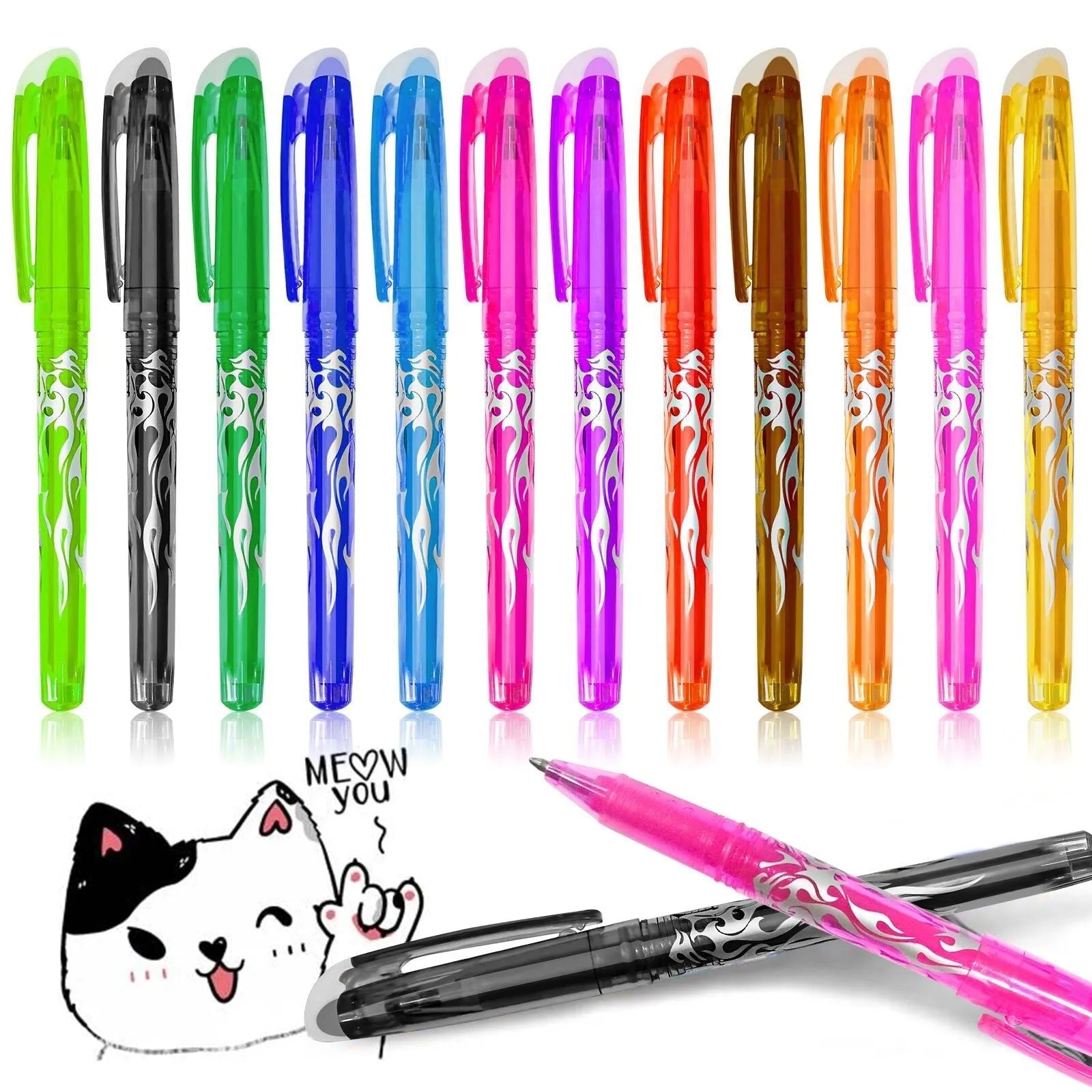 A set of heat-erasable gel pens with plastic bodies and stainless steel nibs, showing 0.5mm and 0.7mm options.