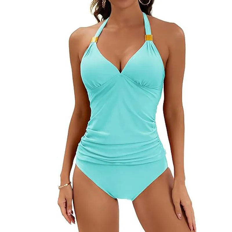 Women's red halter tie two piece swimsuit with high leg briefs on a mannequin.