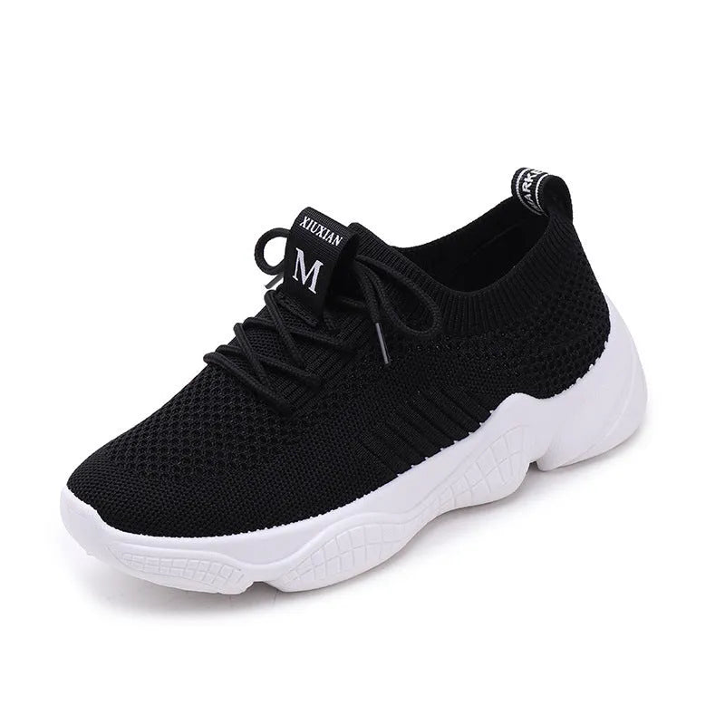 Women's white thick-soled woven sports shoes with front strap and rubber sole