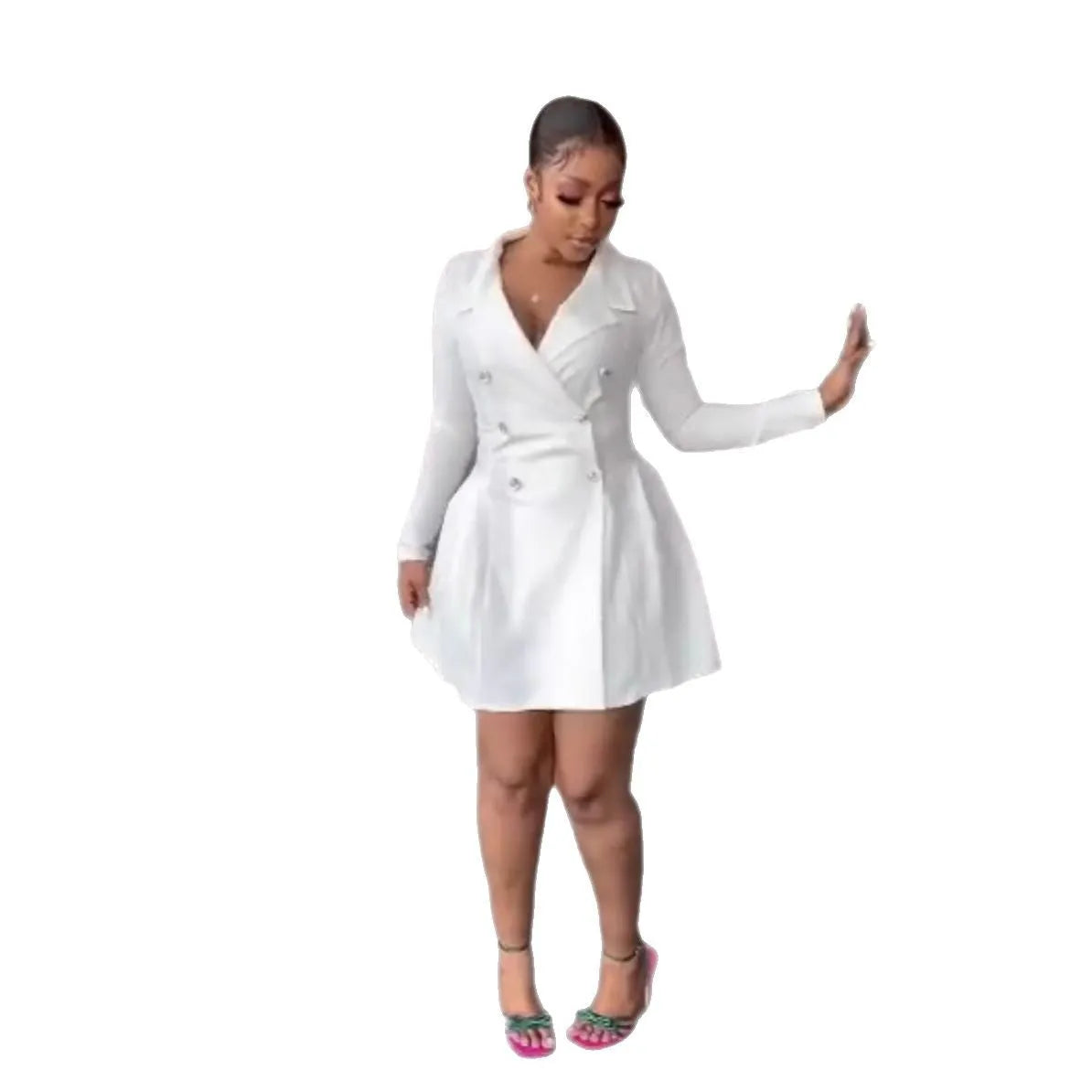 White lapel long sleeve pencil suit dress with button detail on display
