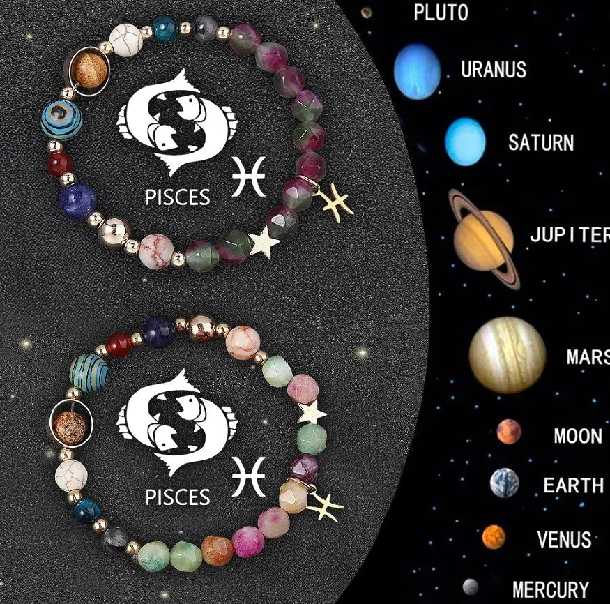 Twelve Zodiac Sign natural stone beaded bracelets showing adjustable designs for astrology jewellery