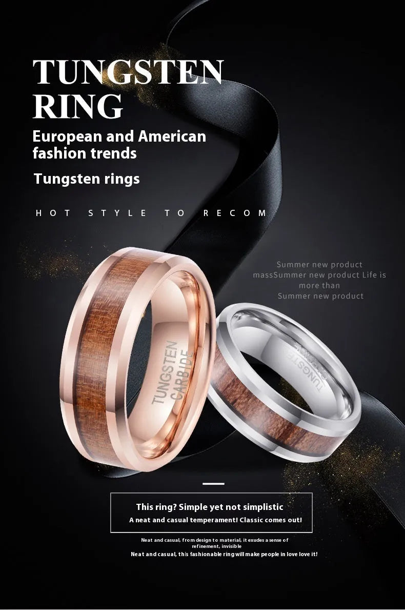 8mm wide tungsten ring with U-shaped profile in rose gold or steel colour finish