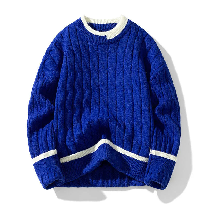 Men's loose grey and blue modal acrylic sports pullover sweater on a hanger.
