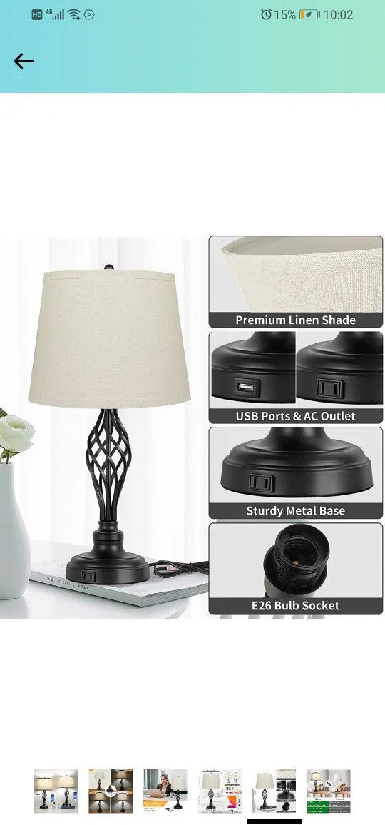 Silver alloy touch control bedside table lamp with USB cable on wooden surface
