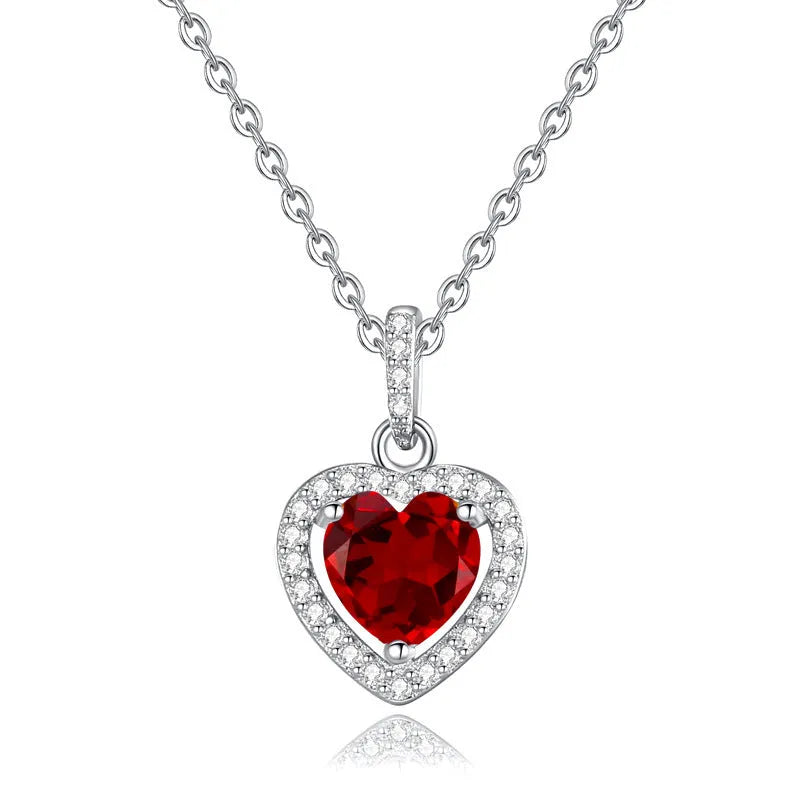 S925 sterling silver heart necklace with inlaid natural gemstone pendant on adjustable cross chain