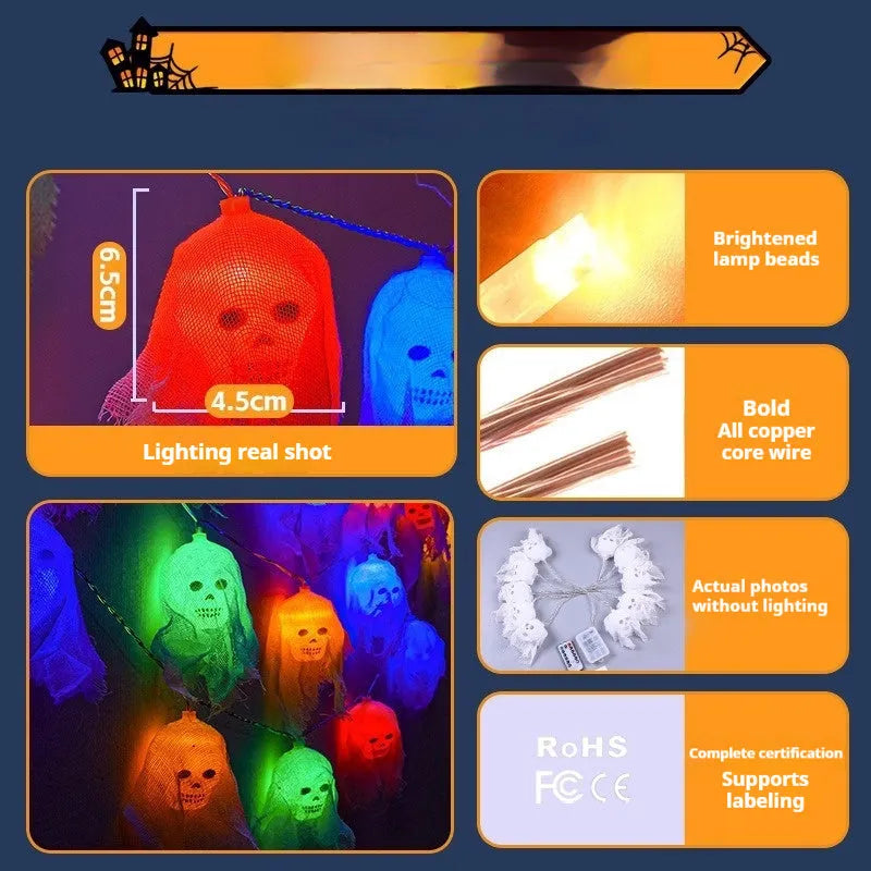 Halloween battery-operated LED string lights in coloured or warm white options for wall decoration