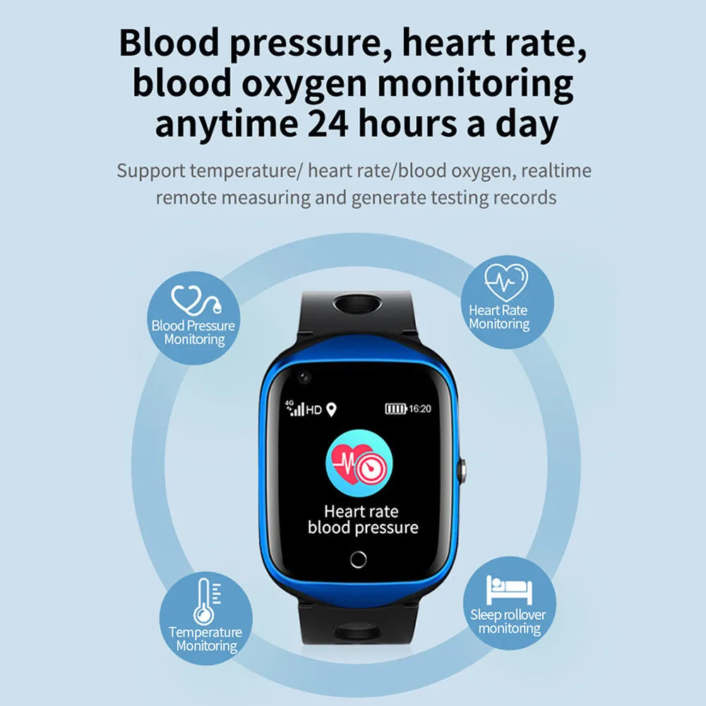 Square dial phone watch for elderly with silicone strap and 1.3-inch screen in black, blue or silver colours