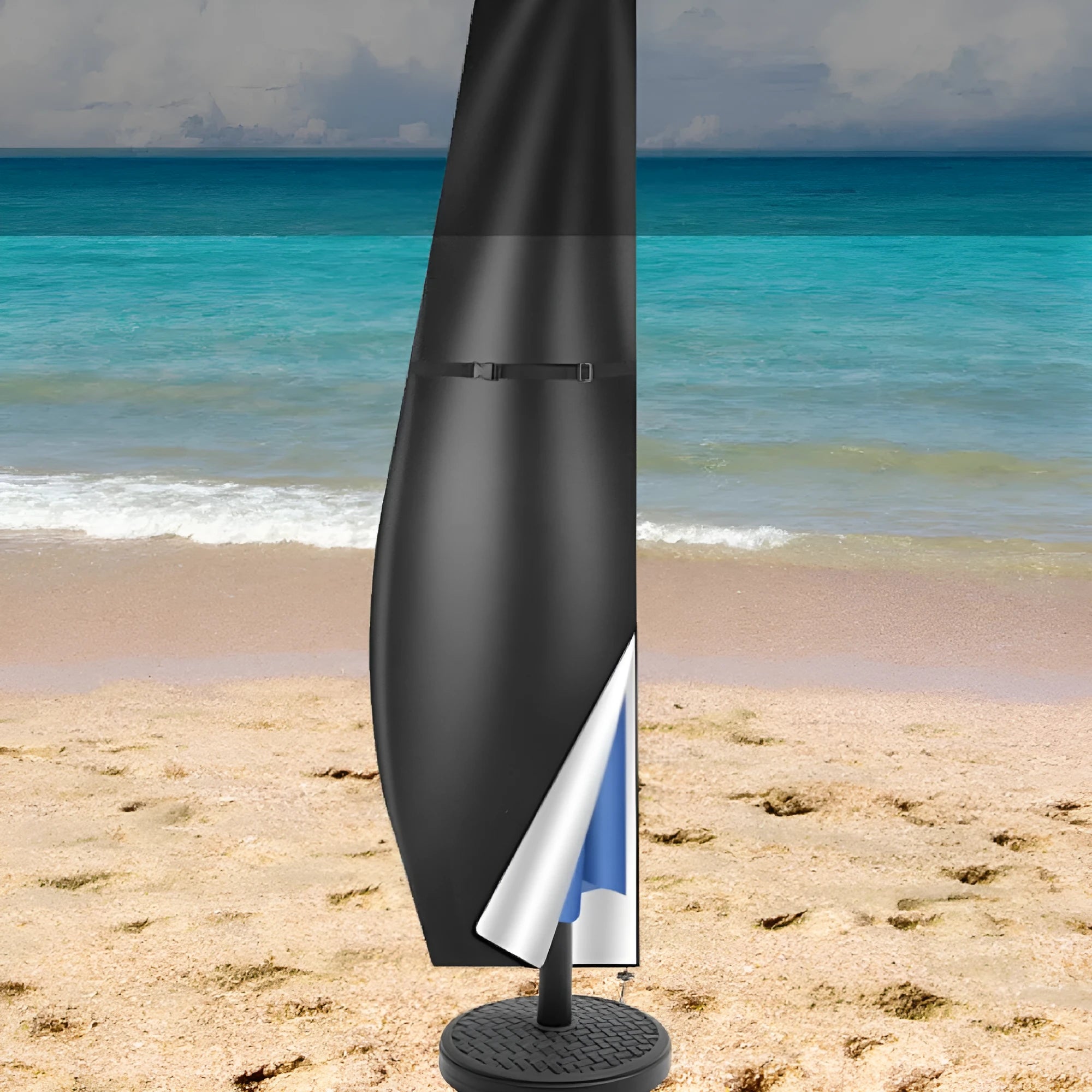 Black Oxford cloth waterproof cover for a grey offset banana-shaped garden umbrella.