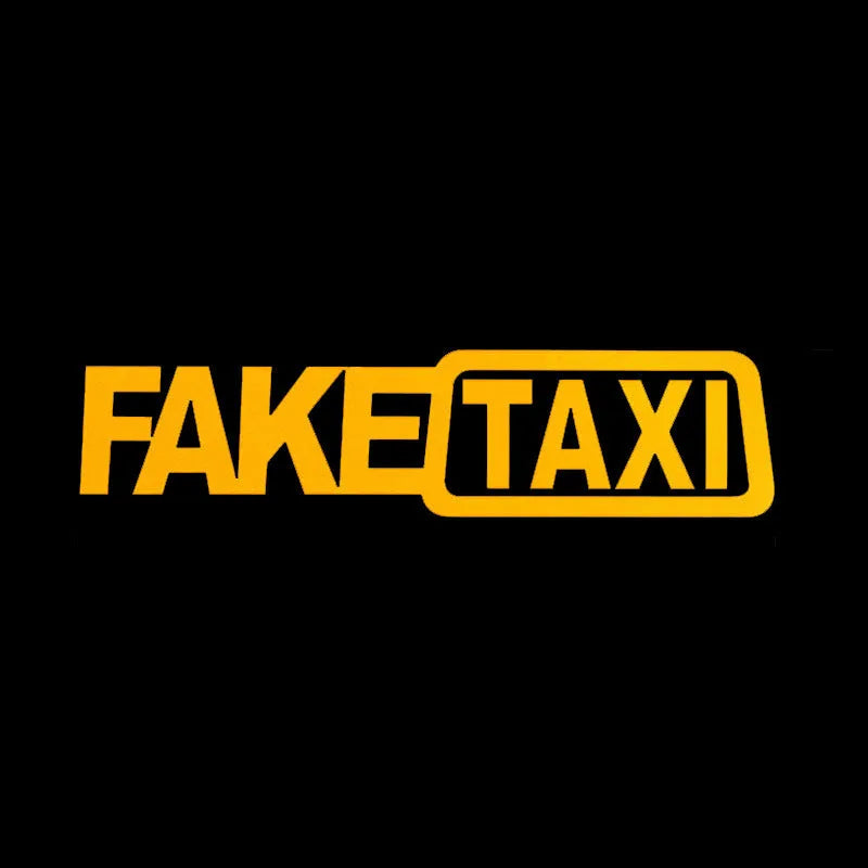 FAKE TAXI car warning sticker in yellow, 20 cm by 8 cm, made of waterproof PET material.
