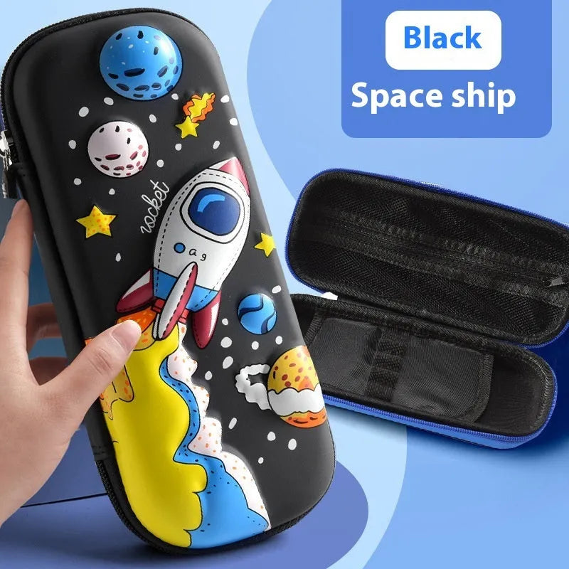 3D leather pencil case with embossed holographic character design showing textured surface detail