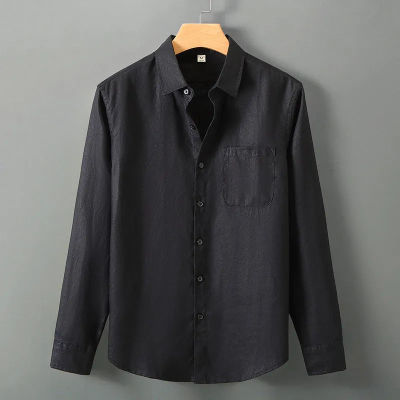 Long sleeve loose fit linen shirt in a solid colour, styled as a Chinese cardigan.