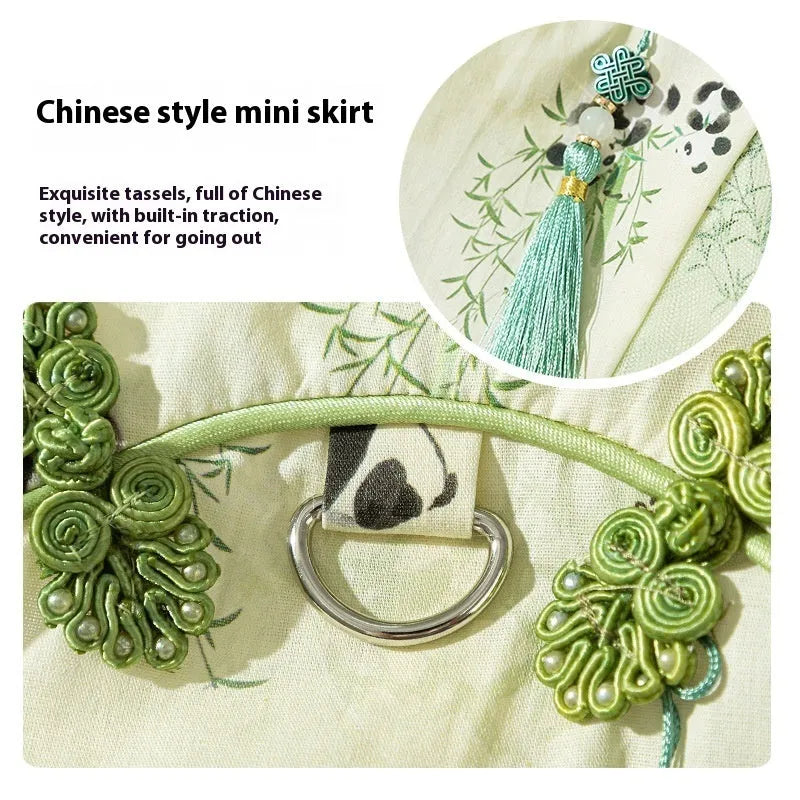 Chinese style panda bamboo leaf woven fabric cat skirt for hairless cats in national style tassel dress option