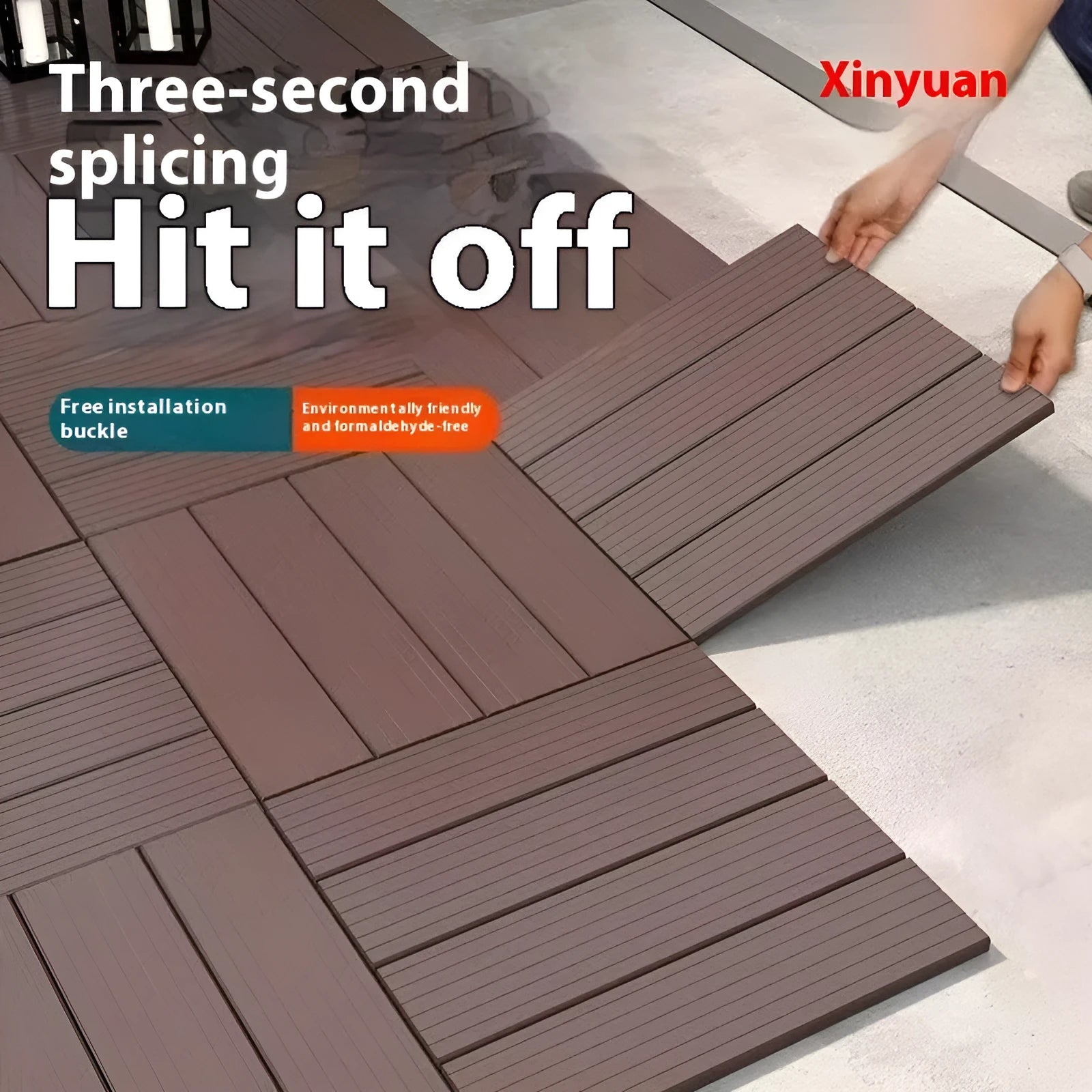 Wood grain plastic floor tiles in brown, grey and orange colours showing non-slip texture