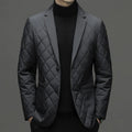 Men's thick lapel-style down jacket in a solid colour with side seam pockets.