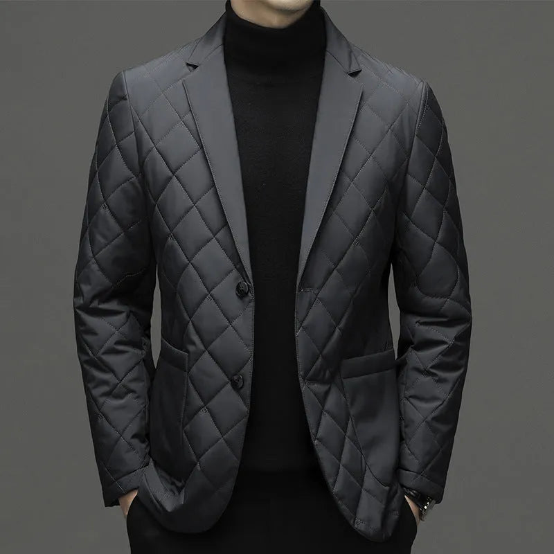 Men's thick lapel-style down jacket in a solid colour with side seam pockets.