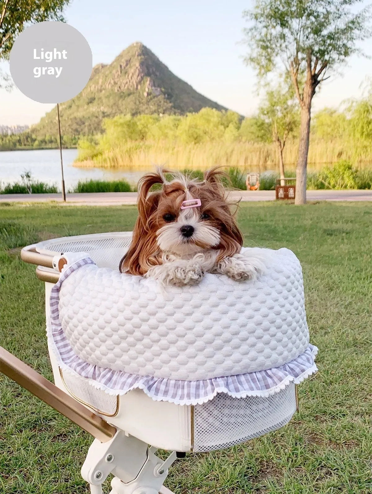 Pure cotton pet stroller accessory set with anti-dirty towel, cushion and pillow in blue green apple pattern