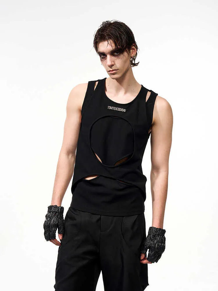 Men's hollow thread sleeveless waistcoat in black or white with round neck pullover design