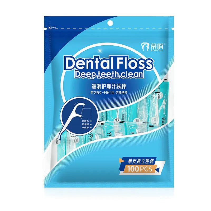 Dental floss with independent packaging in plastic material showing 100 single pack option