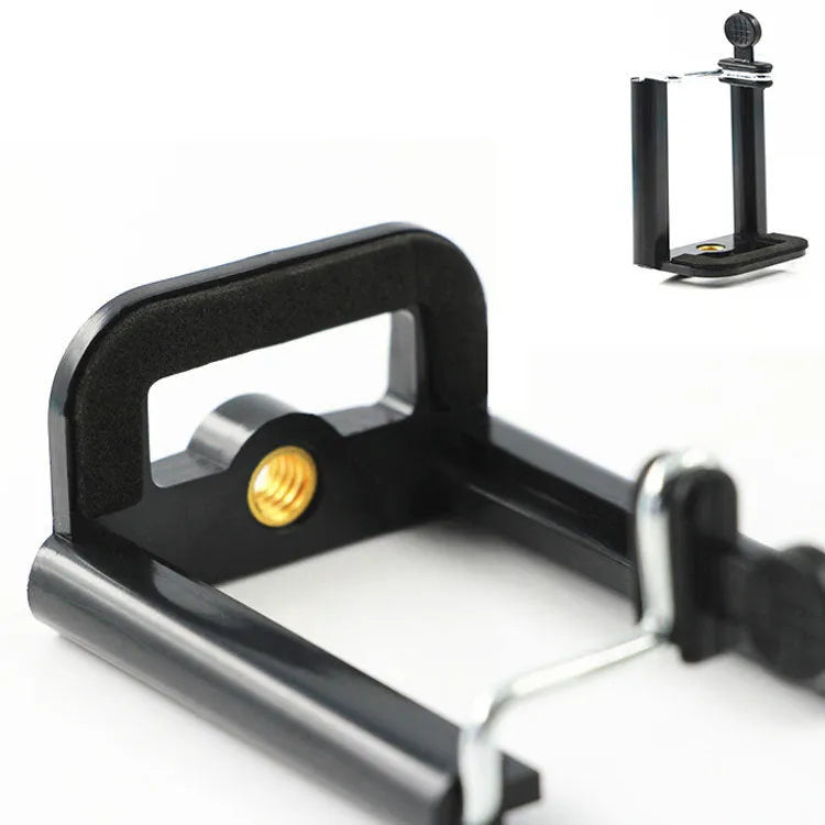 Black U clip plastic mobile phone holder bracket attached to a pole with a phone secured in the adjustable grip.