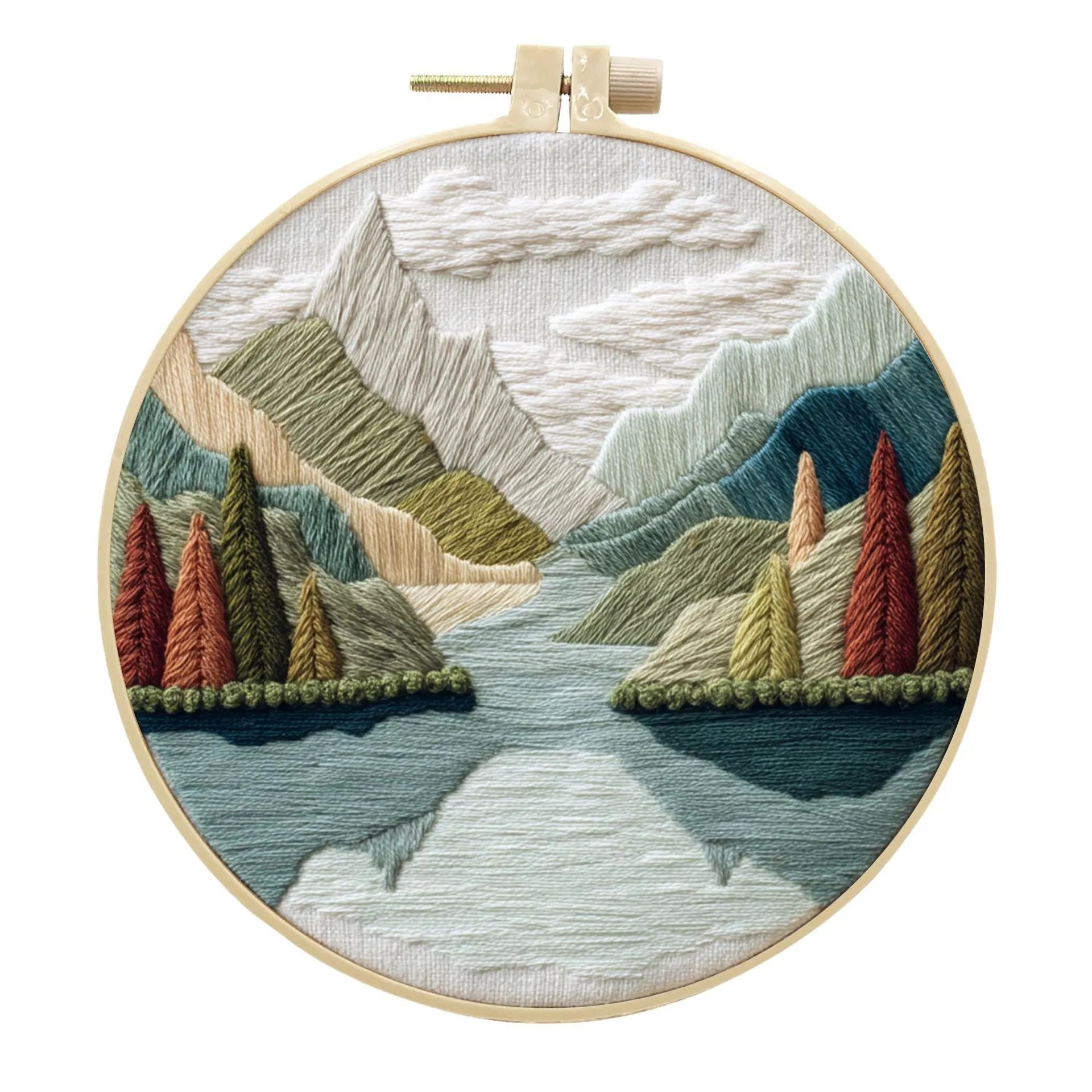 Embroidery DIY kit with printed landscape fabric, embroidery threads, needles, and frame for handmade cloth art