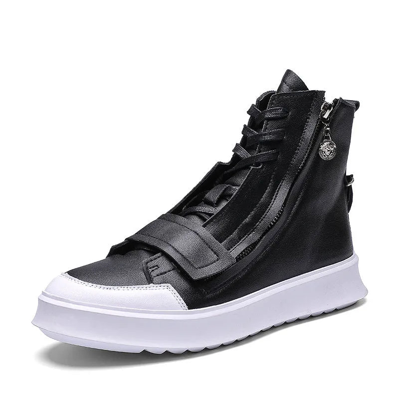 PU leather men's winter ankle boots in black and white high-top sneaker style