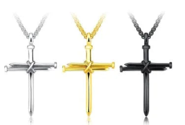 Titanium steel cross pendant necklace with steel nails motif, available in black golden silver colours