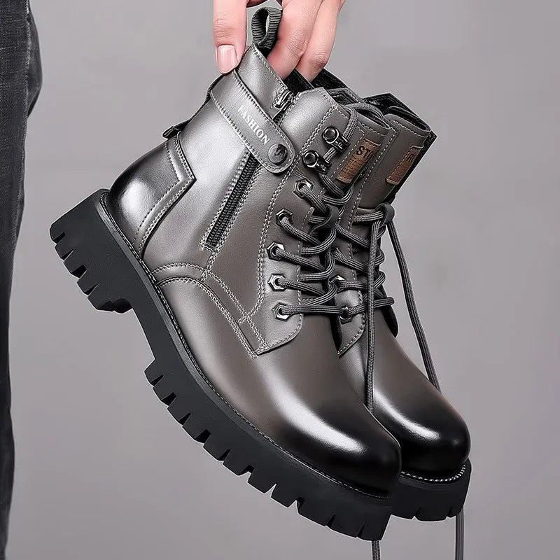 Men's light brown Martin boots with thick rubber sole and side zipper detail