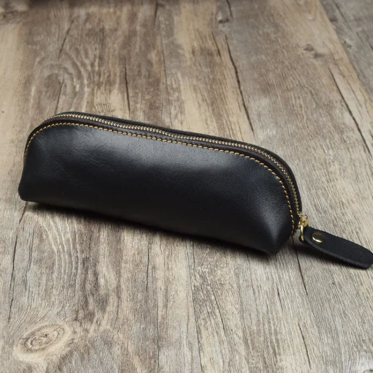 Handmade cowhide leather pencil case with zipper, square 18x6x6cm design in four colour options
