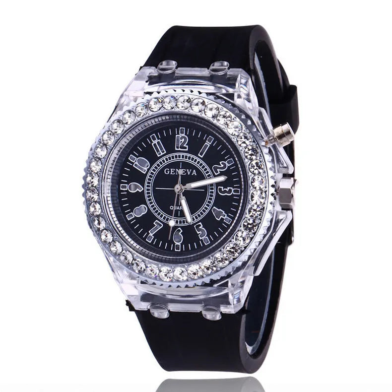 Women's LED luminous watch with round 43mm dial and coloured silicone strap