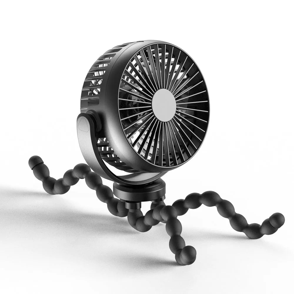 HOMEFISH F2 automatic shake head handheld fan with LED light and removable bracket on a table.