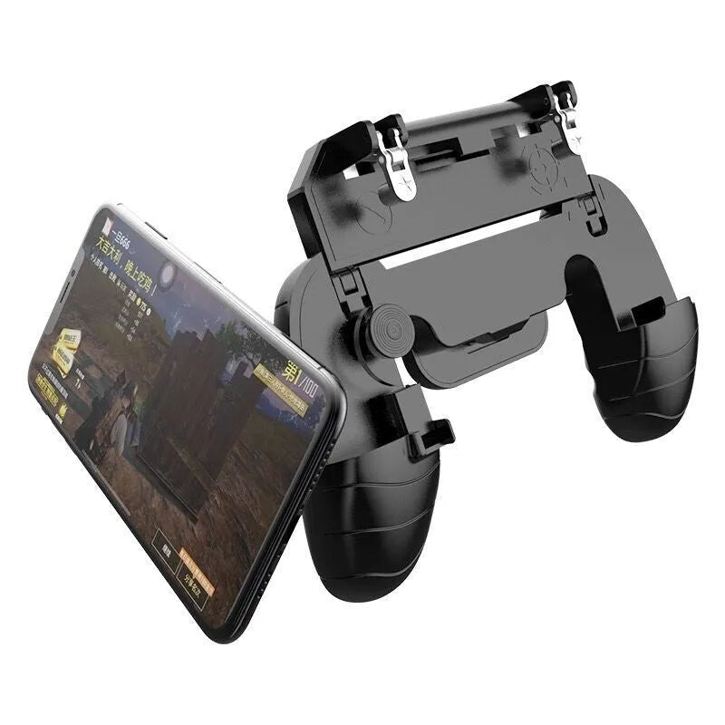 Collapsible mobile gaming controller handle for smartphones in black, blue, and white colours.