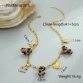 Stainless steel necklace with leopard print heart pendant featuring flower accents on adjustable 41-50cm chain