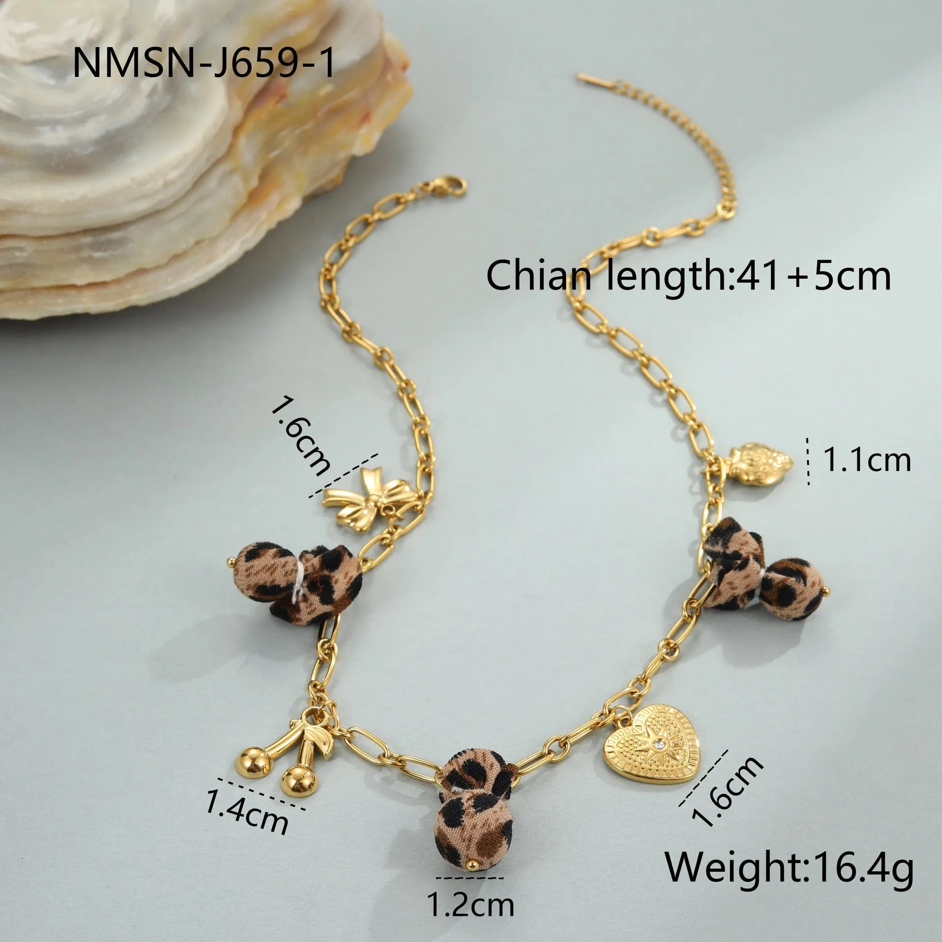 Stainless steel necklace with leopard print heart pendant featuring flower accents on adjustable 41-50cm chain