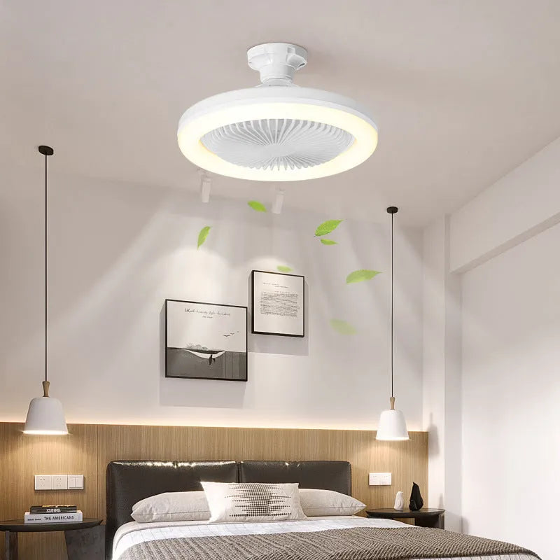Modern minimalist ceiling fan lamp with light, golden chandelier finish, quiet muted motor for bedroom dining room