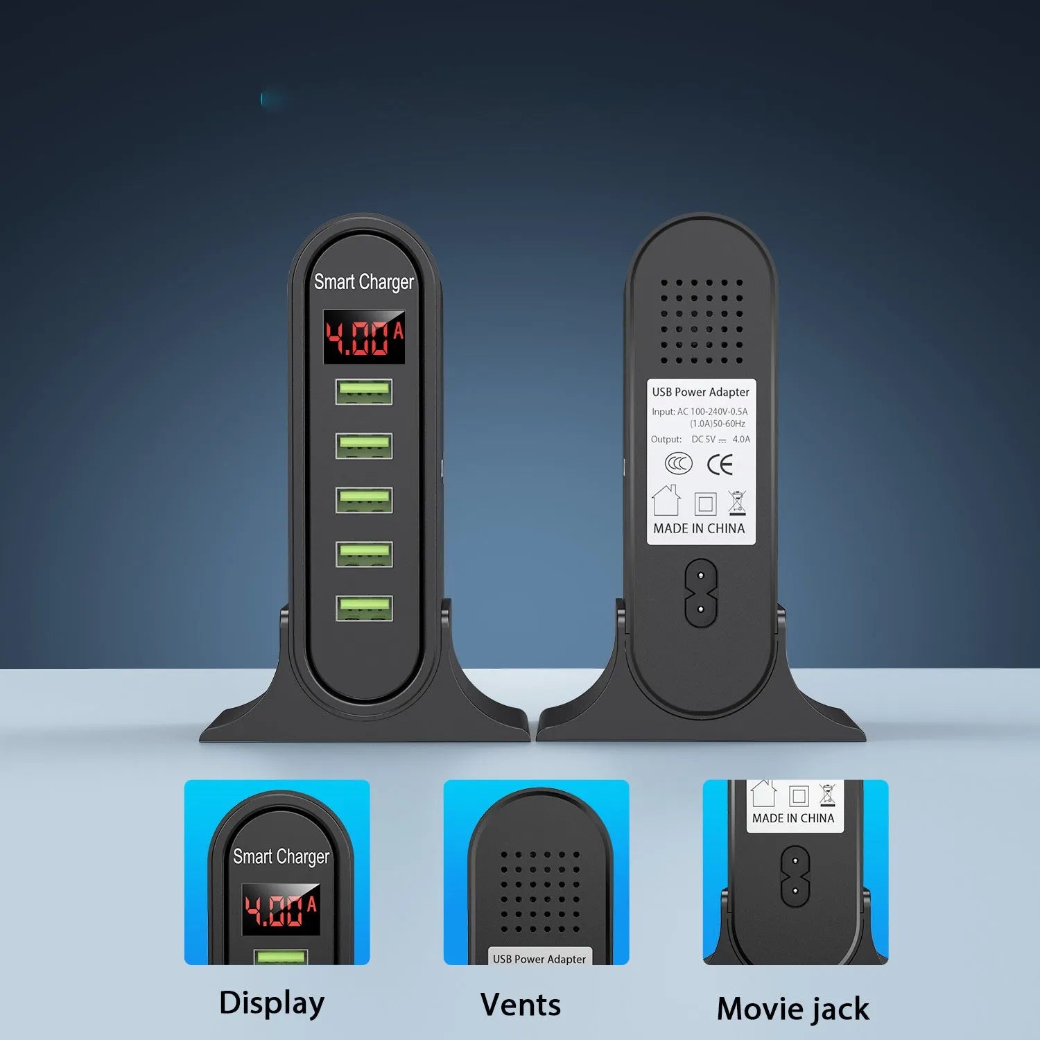 Smart LED digital display USB charger showing voltage readout with EU UK US plug options