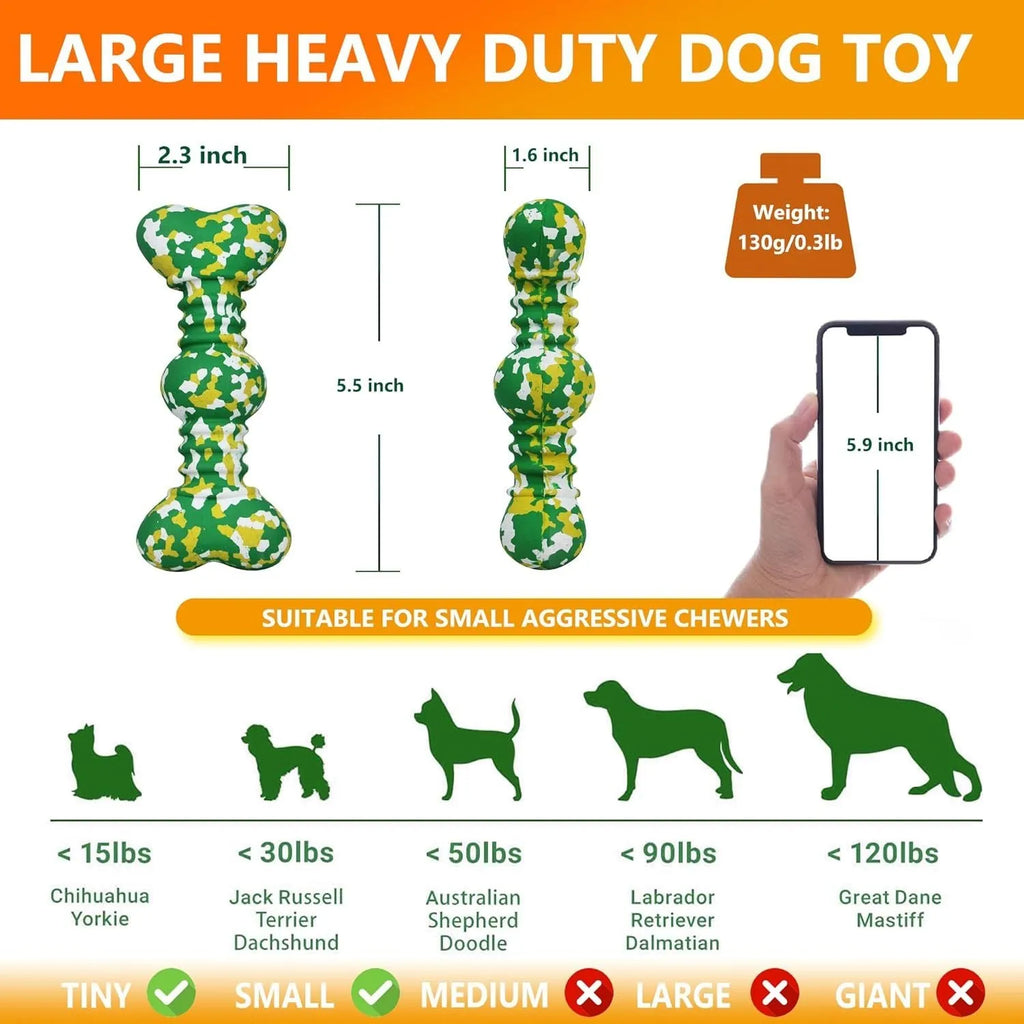 Green and white camouflage patterned natural rubber bone chew toy for dogs on a wooden floor.