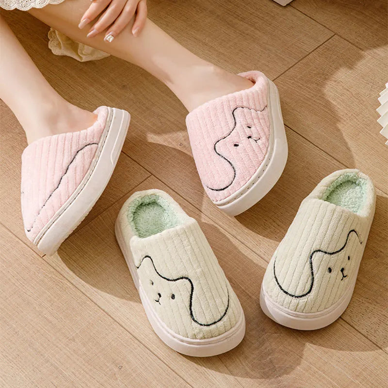 Cat print plush indoor slippers with anti-slip rubber sole in pink, green and grey for women and men